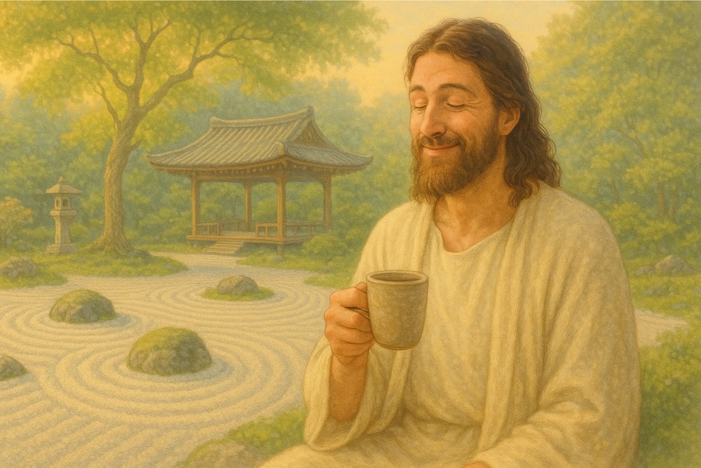 Jesus having coffee in a zen garden